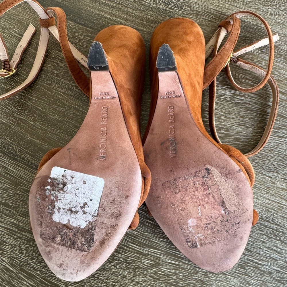 Veronica Beard Manuela 95MM Suede Ankle-Strap Wedge Sandals Caramel Brown 5.5 - Picture 10 of 11